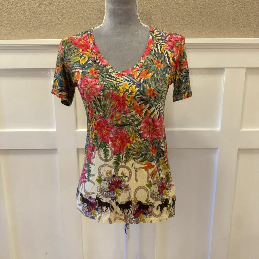 Johnny Was Floral Horses Horseshoe Blouse Top Size:XXS V-neck Stretchy Bamboo